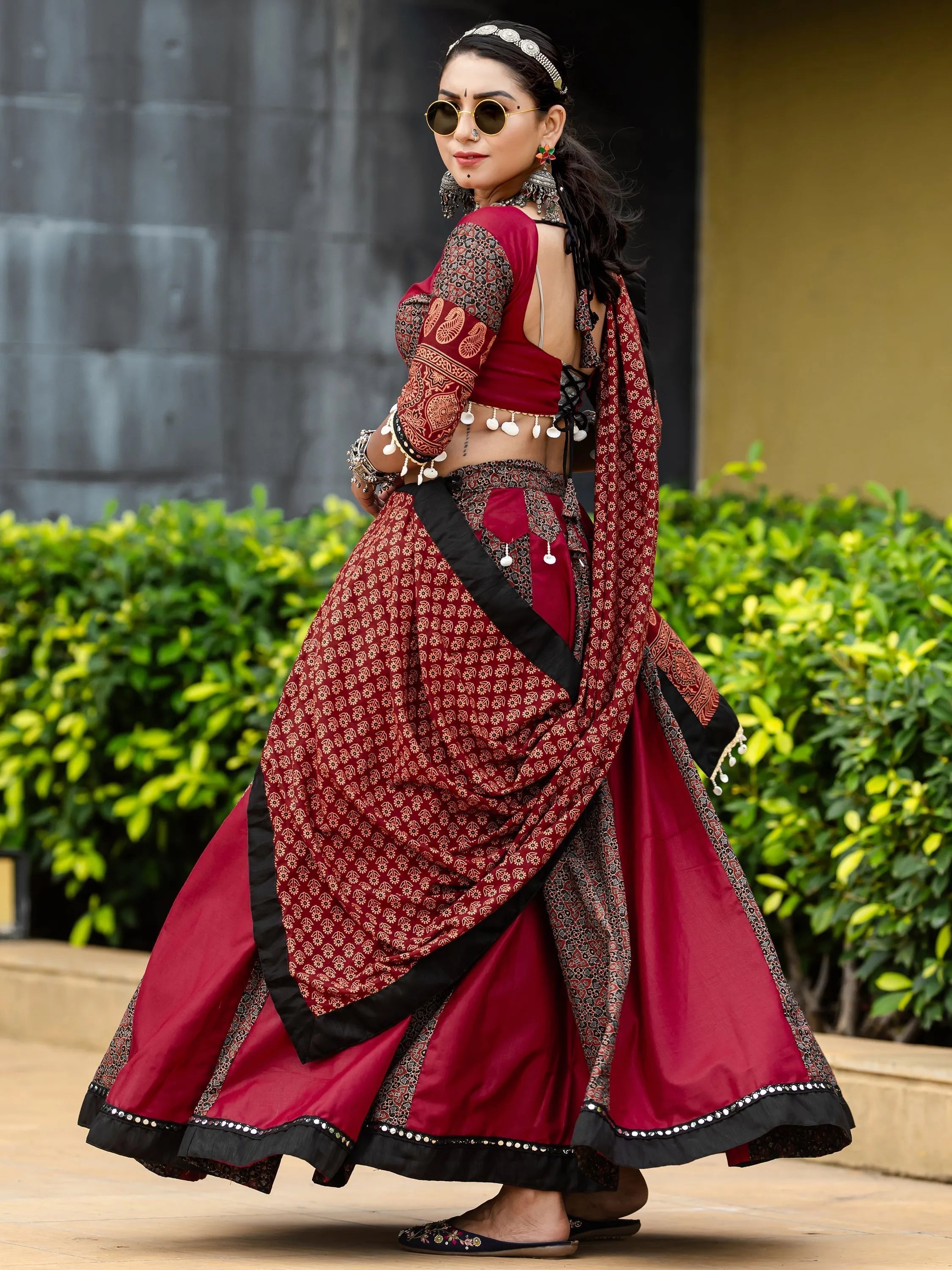 Maroon Cotton Flared Rajwadi Navratri  Lehenga Choli Free Shipping With Mastercard