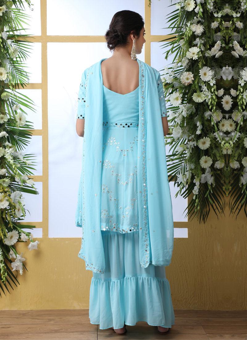 Sky Blue Resham Mirrorwork And Georgette Salwar Suit Sale Popular