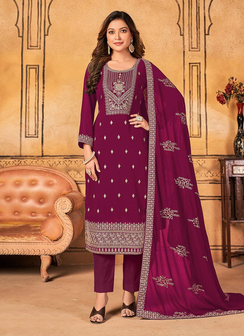 Embroidered Maroon Georgette Pant Style Suit Free Shipping Sast