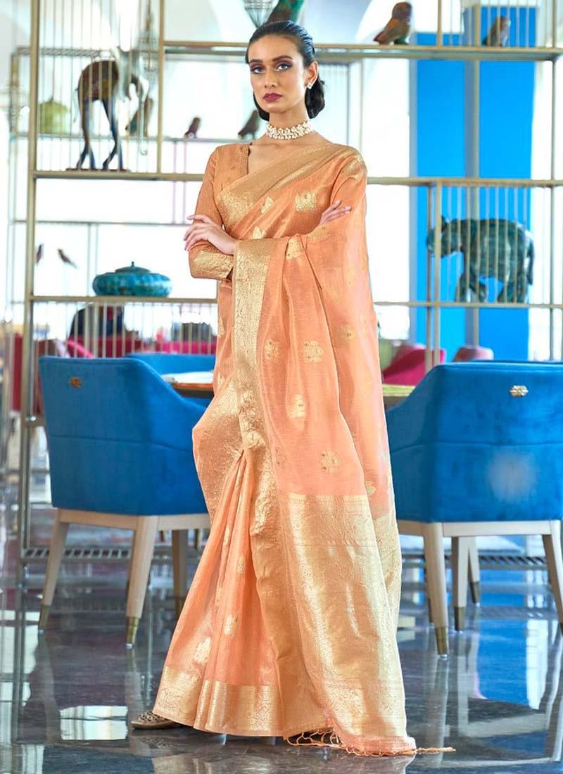 Peach Color Silk Weaving Organza Fabric Ethnic Wear Saree Sale With Credit Card