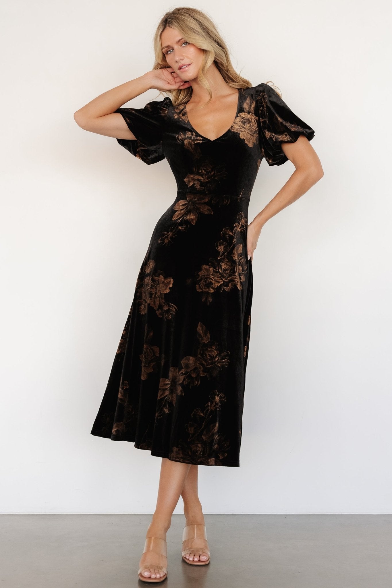 Janna Velvet Midi Dress | Black + Bronze Floral Deals Cheap Pice