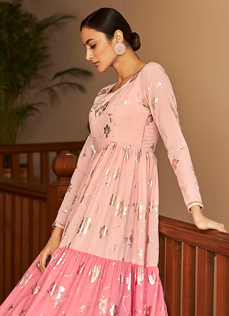 Pink Color Georgette Base Designer Gown With Metallic Foil Work Discount The Cheapest