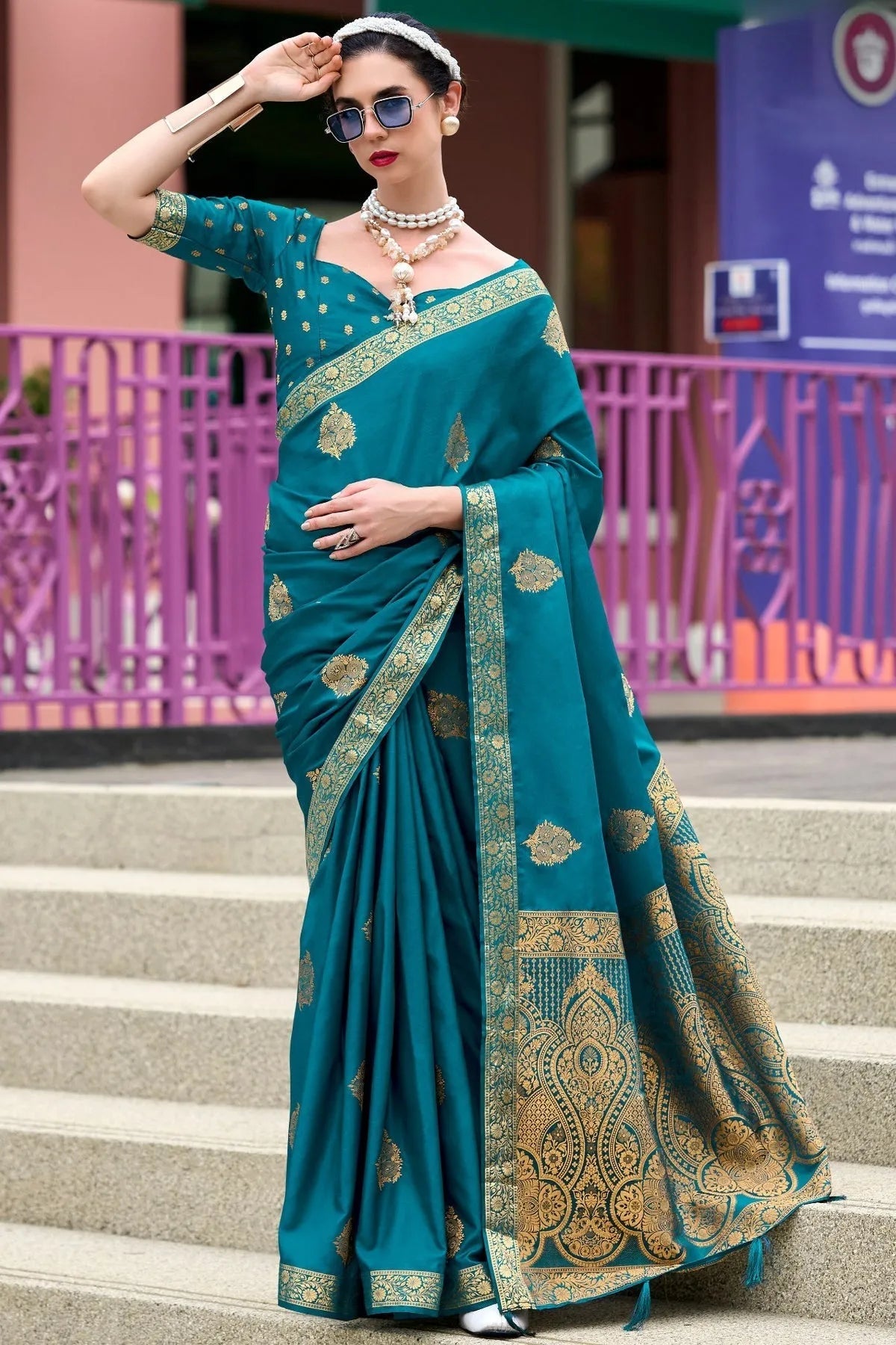 Mosque Blue   Banarasi Handloom Saree Cheap Online Store Manchester