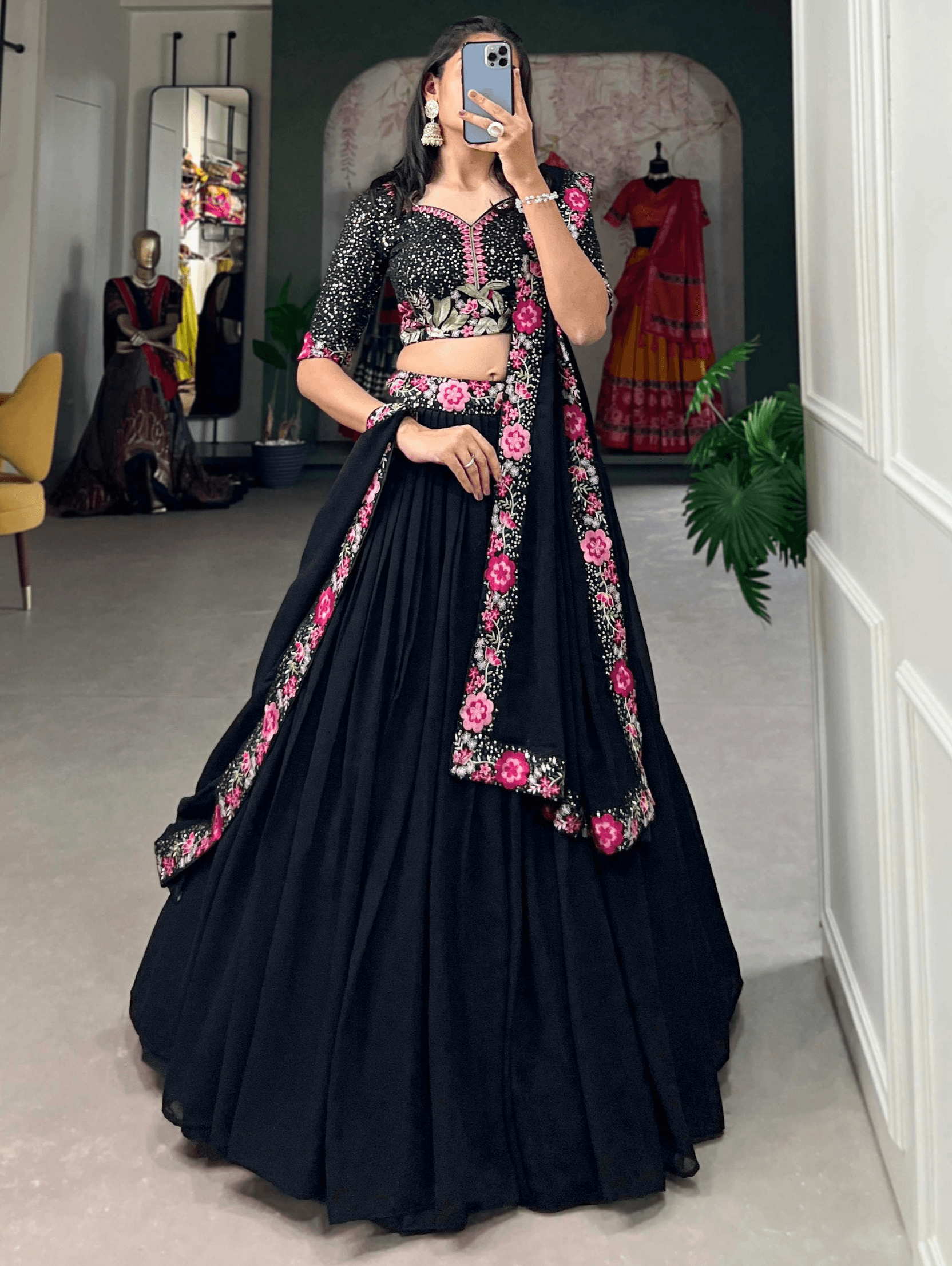 Elegant Black Lehenga Choli with Floral Embroidery Factory Outlet Cheap Pice