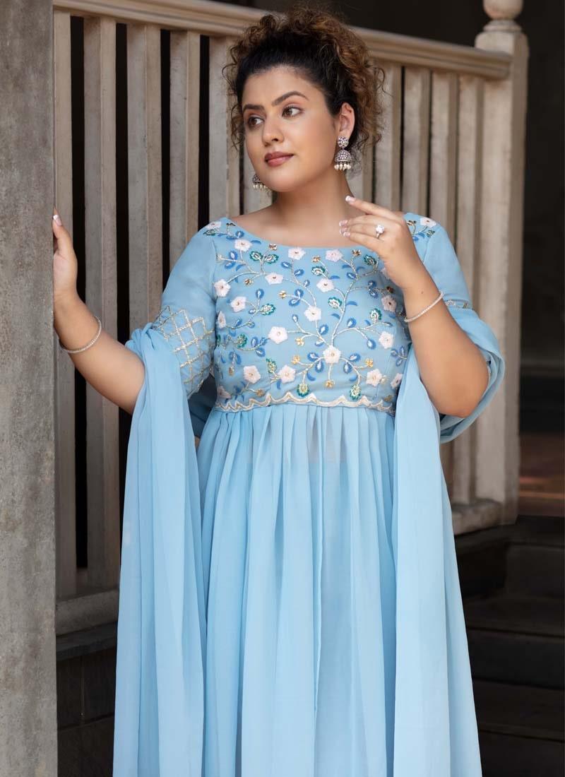 Sky Blue Color Georgette Fabric Thread And Zari Work Slit-Cut Salwar Suit Discounts Sale Online