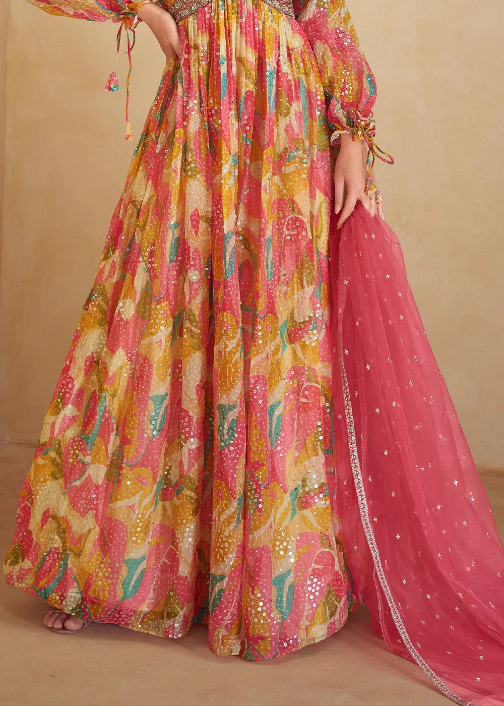 Multicolored Pure Chinon Printed Mirror Handworked Designer Gown Sale Clearance