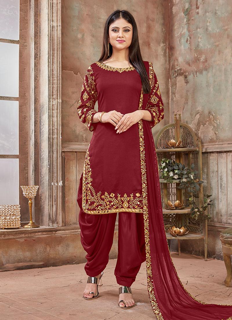 Art Silk Embroidered Maroon Punjabi Salwar Suit In China Cheap Online