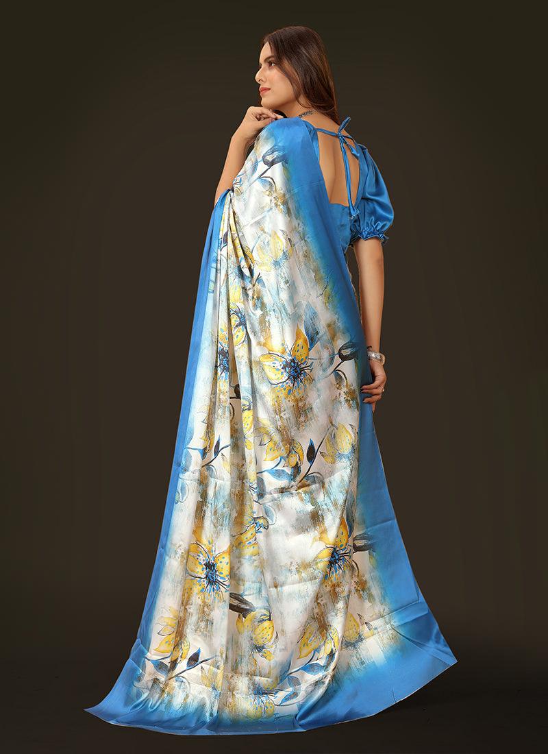 Blue Color Puff Sleeves Satin Saree Official Site