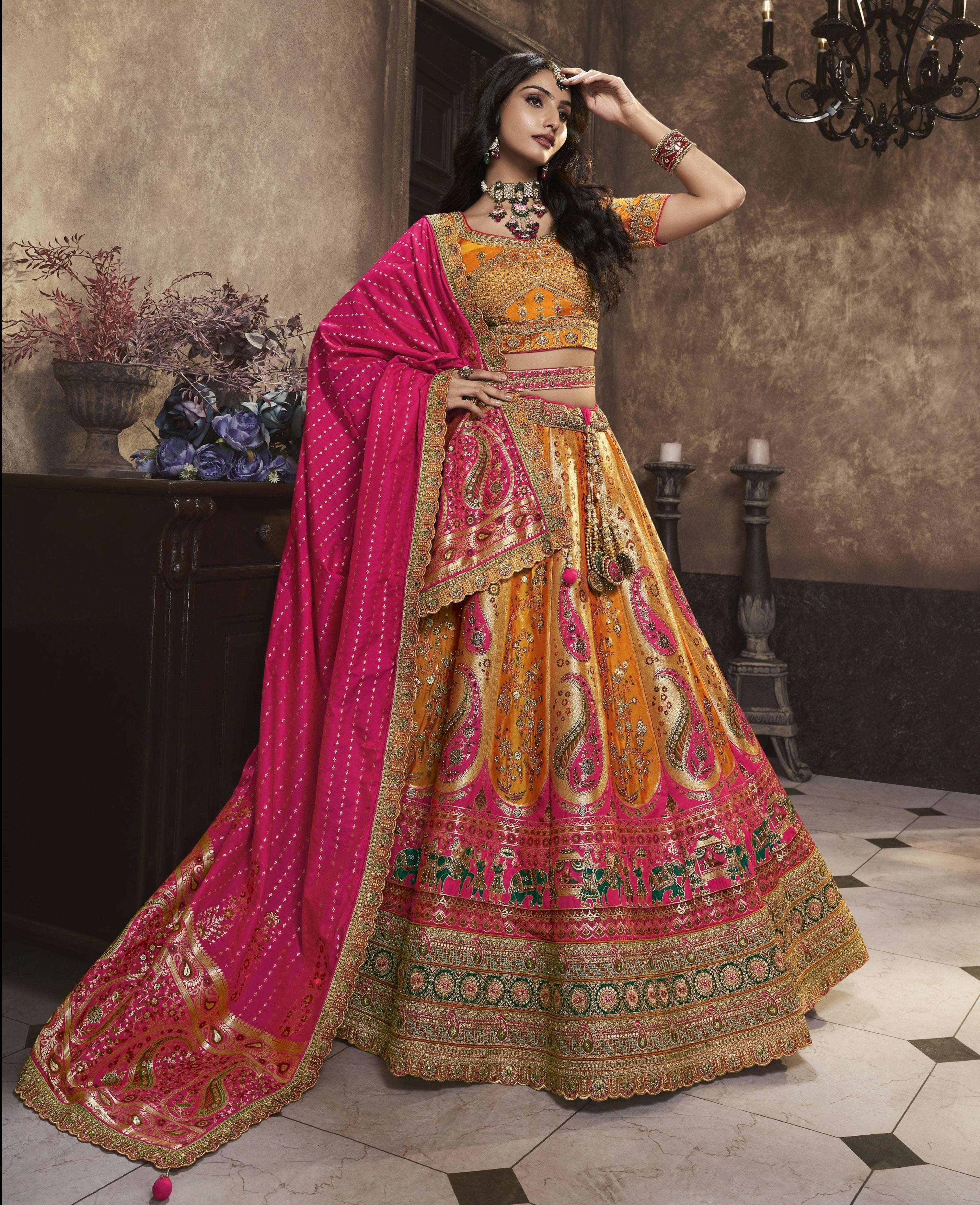 Orange Pink Banarasi Silk Wedding Lehenga Choli Professional Cheap Pice