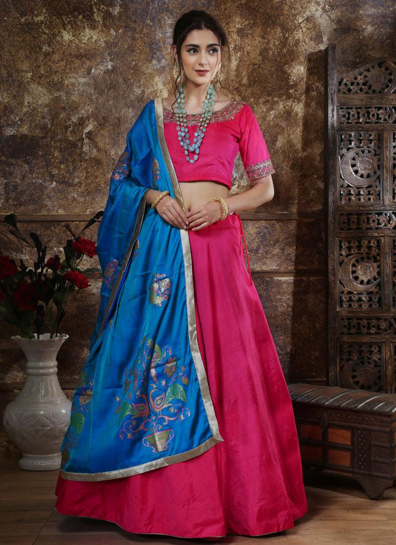 Pink Moti Stone Foil Print Silk Lehenga Choli Get Authentic Sale Online