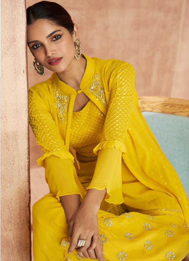 Partywear Yellow Color Georgette Fabric Sequins Work Sharara Suit Visit