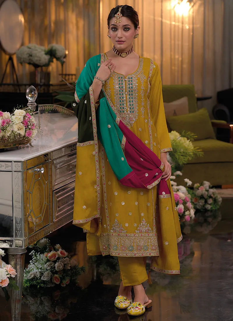 Elegant Bright Yellow Multi Embroidery Salwar Kameez Suit Clearance Footlocker Pictures