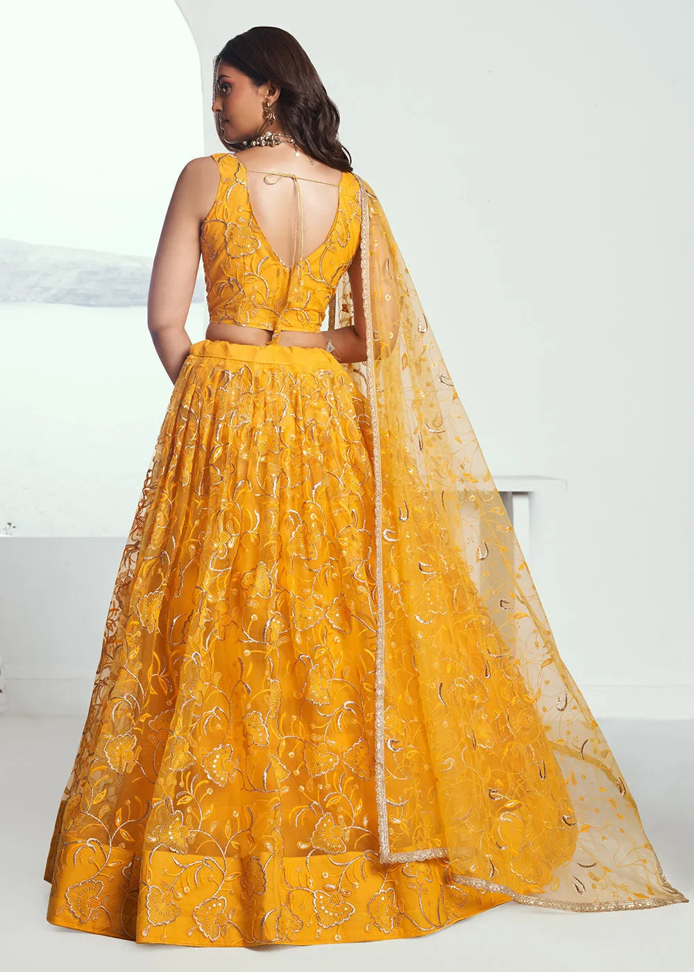 Exquisite Embroidered Net Yellow Wedding Wear Lehenga Choli Cheap Sale Manchester Great Sale