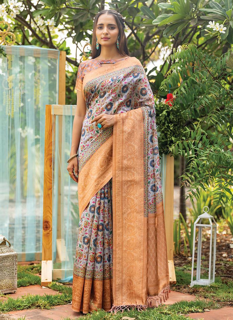 Off-White Kashmiri Digital Printed Silk Base Saree With Contrast Blouse For Sale 2025