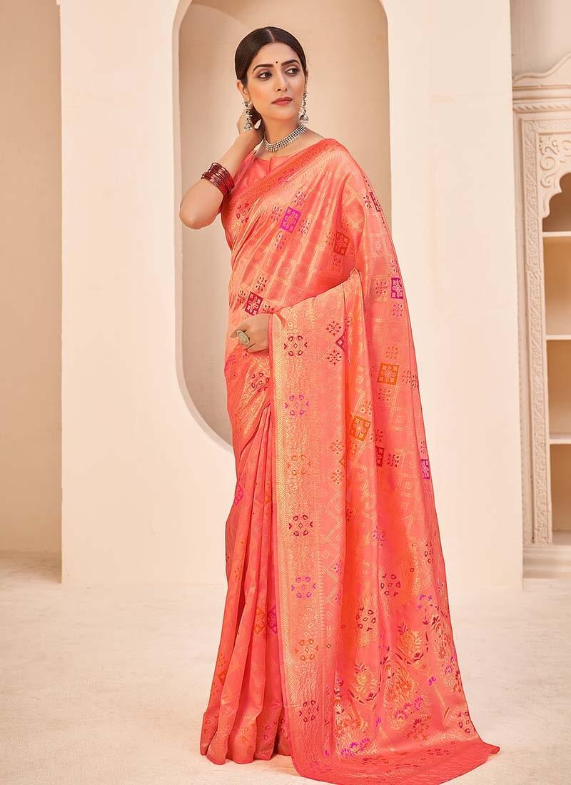 Orange Color Banarasi Silk Base Jewel Neck Blouse Embroidered Saree Perfect Cheap Online