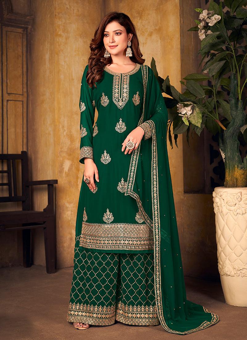 Dark Green Color Georgette Base Embroidered Palazzo Suit With Sequins Work Buy Online