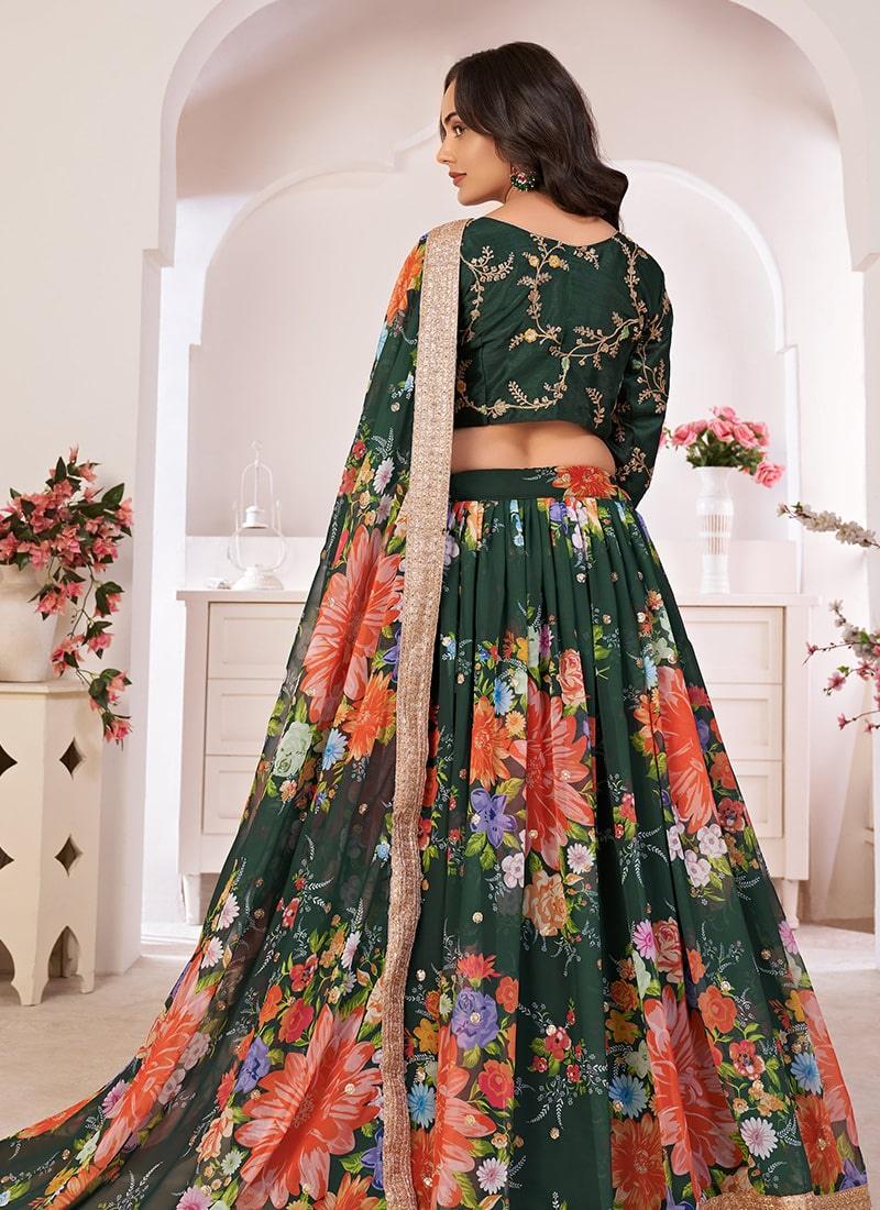 Dark Green Color Georgette Material Floral Print Lehenga Shop For Cheap Pice