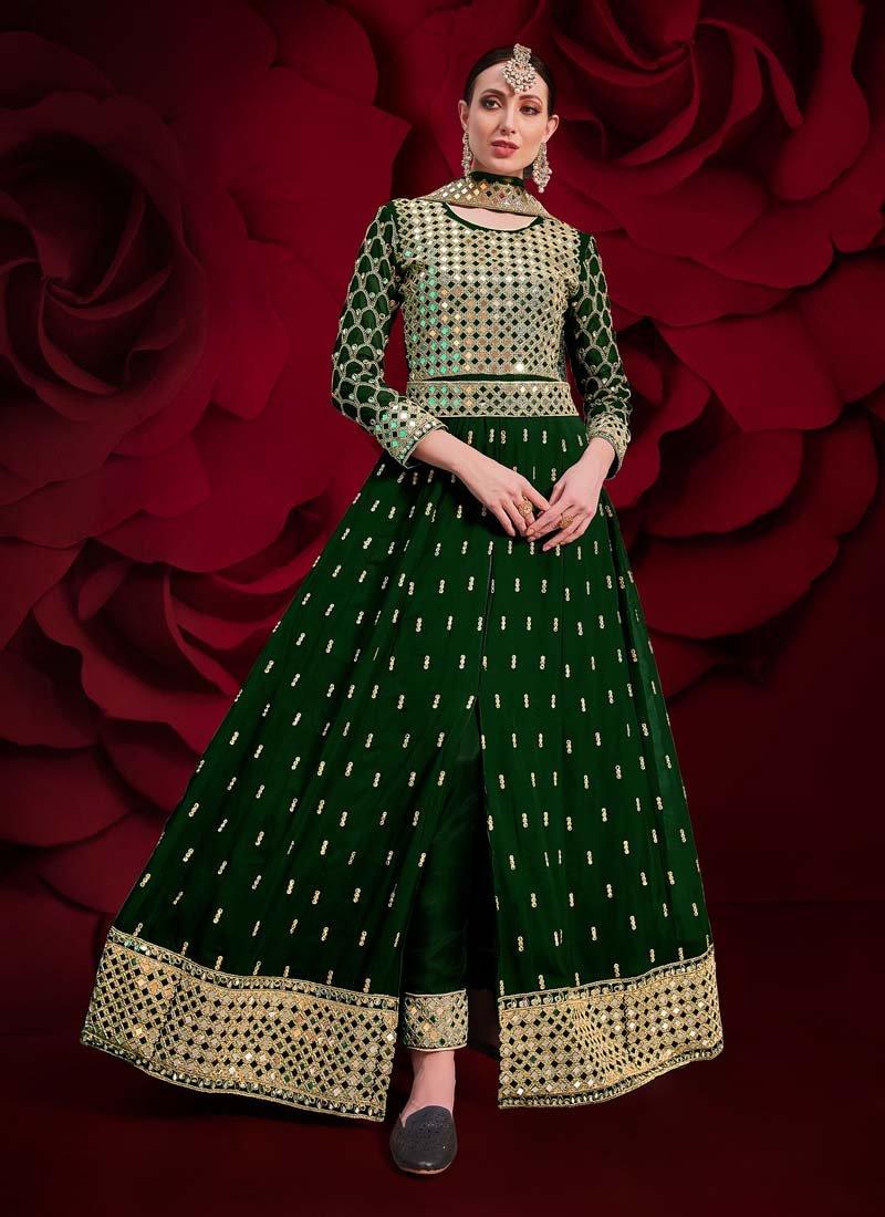 Green Color Georgette Fabric Mirror And Stone Work Anarkali Suit Sale Great Deals