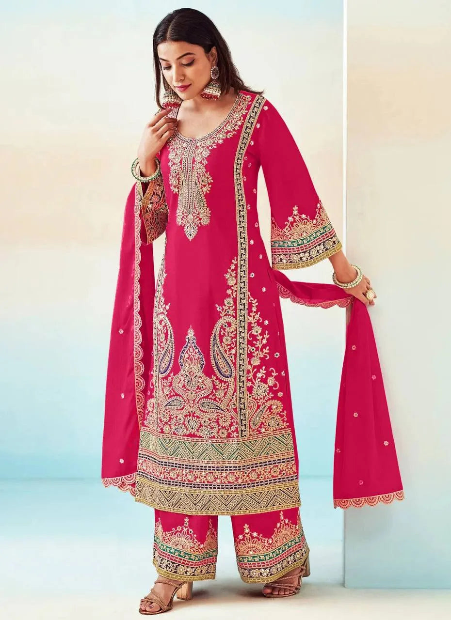 Elegant Pink Chinon Embroidered Palazzo Suit Cheap Pick A Best