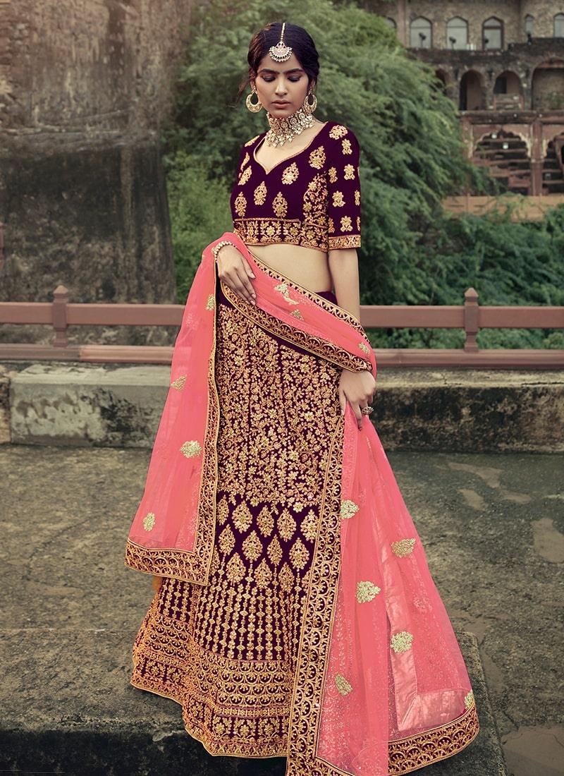 Wine Color Satin Fabric Stone Work Lehenga With Net Dupatta Cheapest For Sale