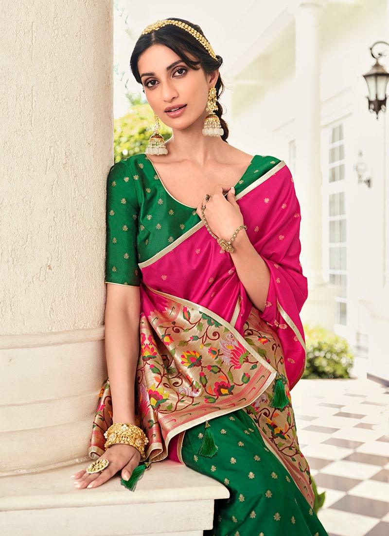 Digital Print Green Banarasi Lehenga With Contrast Dupatta Clearance Free Shipping