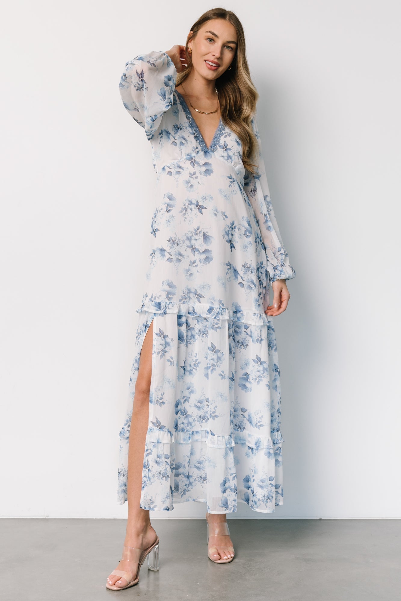 Rumi Deep V Maxi Dress | Off White + Blue Floral Best Wholesale For Sale