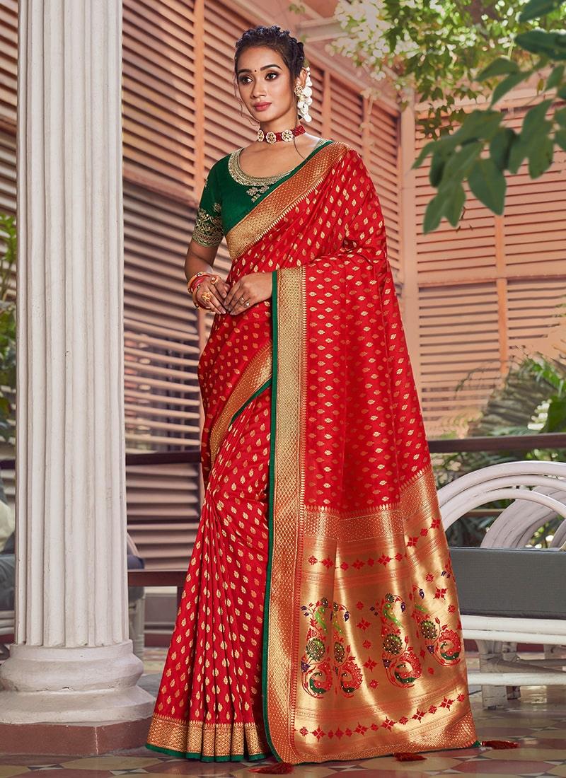 Red Color Silk Fabric Silk Weave Work Half And Half Saree Top Quality Online