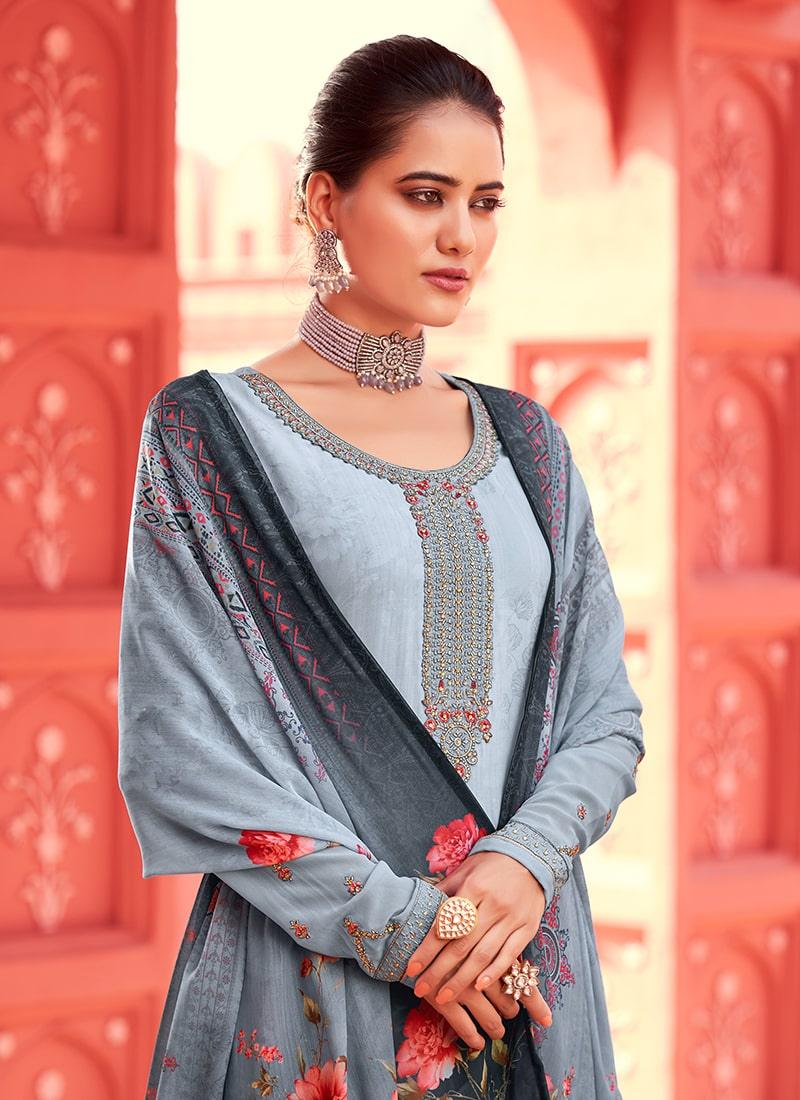 Light Grey Color Crepe Fabric Full Sleeves Printed Palazzo Suit Buy Cheap Discount