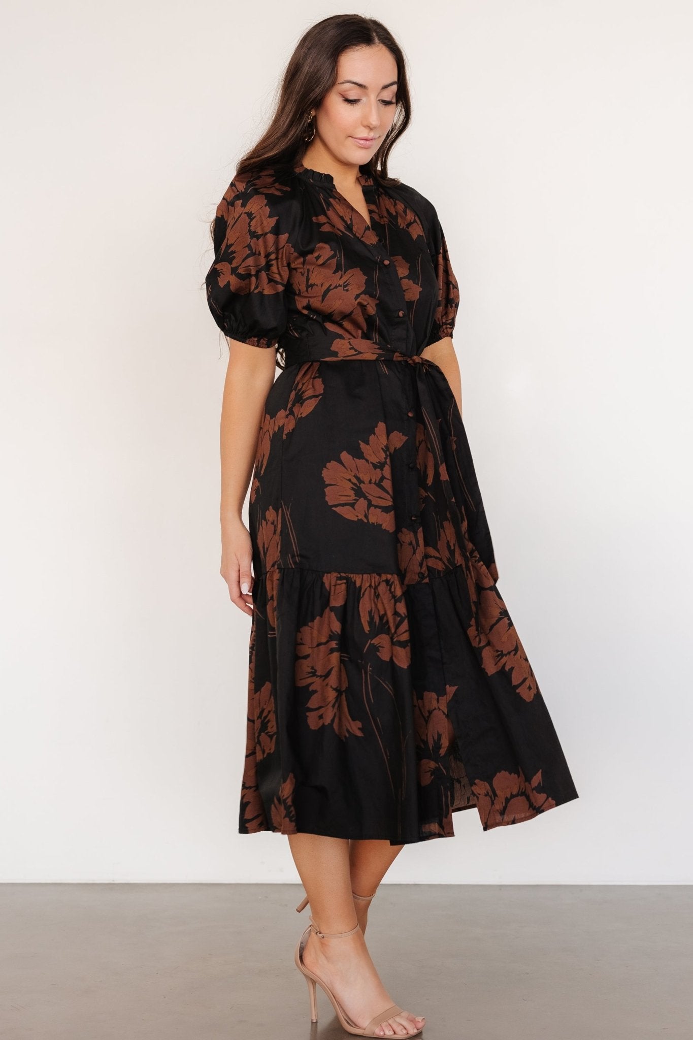 Prescott Midi Dress | Black + Brown Floral For Sale Top Quality