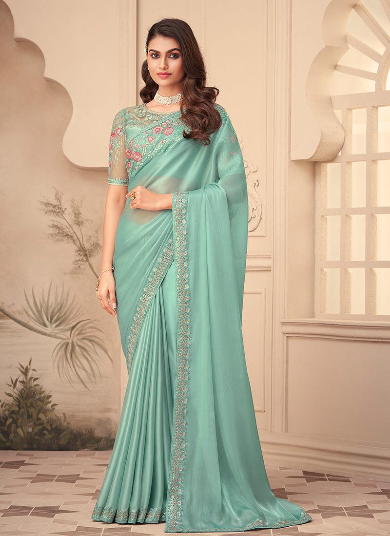 Silk Base Turquoise Color Saree With Sequins Work Real Sale Online