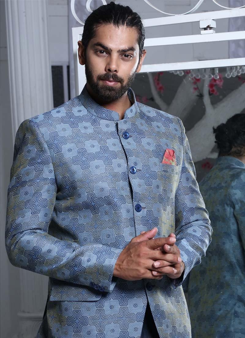 Fabulous Sky Blue Color Regular Fit Cotton Fabric Printed Jodhpuri Suit For Sale 2025