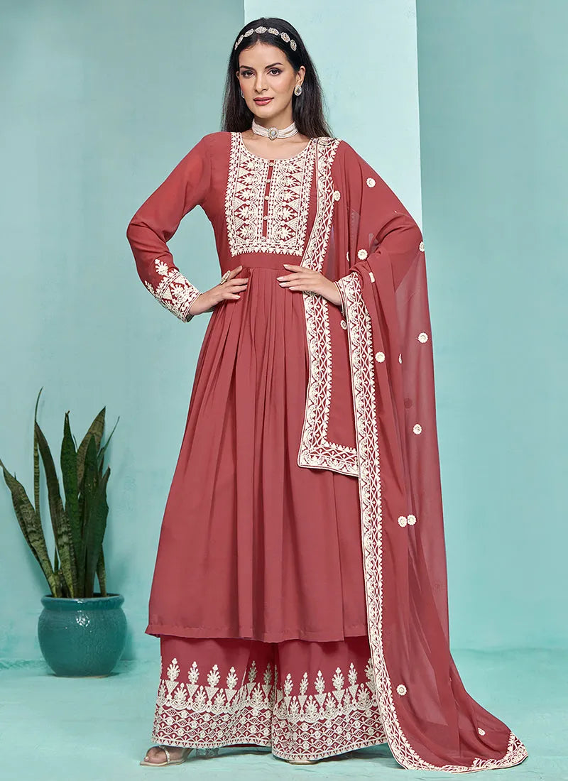 Traditional Rust Red  Embroidered  Anarkali Palazzo Suit Cheap Pice Outlet Sale