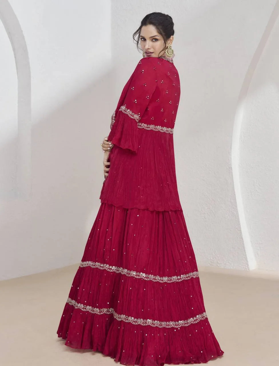 Ravishing Red Embroidered Chinon Lehenga Choli With Jacket Brand New Unisex