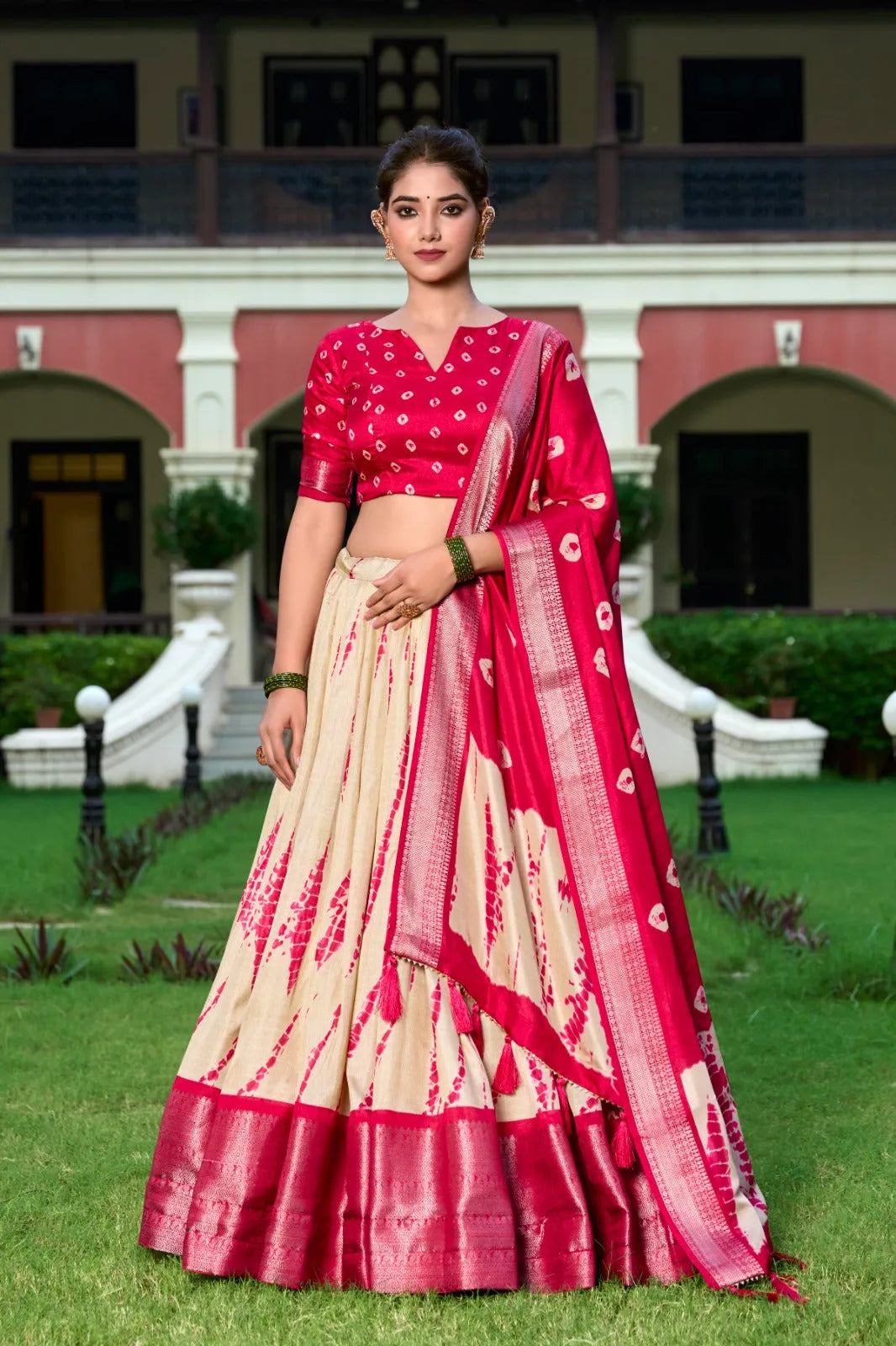 Outstanding Dola Silk Shibori Printed Red lehenga Choli Cheap Shop