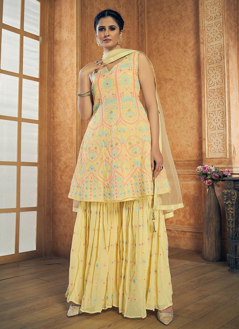 Georgette Material Yellow Color Thread Work Sharara Suit Discount Shop Offer