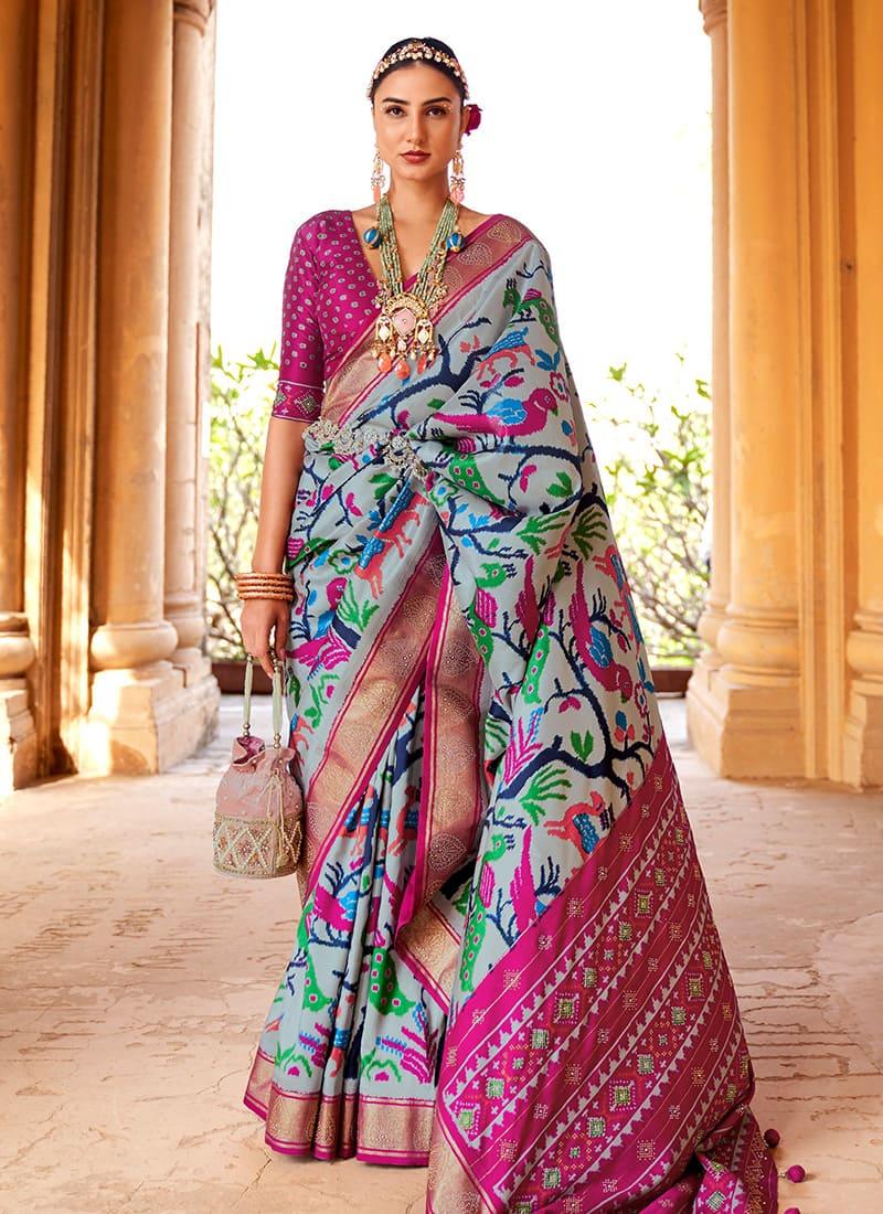 Rani Pink Color Silk Base Printed Saree With Swarovski Work Cheap Low Shipping Fee