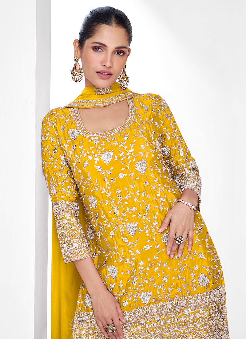 Glowing Yellow Traditional Embroidered Palazzo Suit Amazing Pice