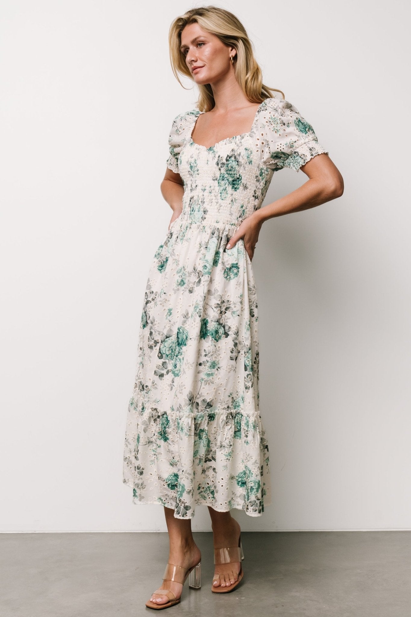 Piper Eyelet Midi Dress | Off White + Green Floral Cheap Genuine