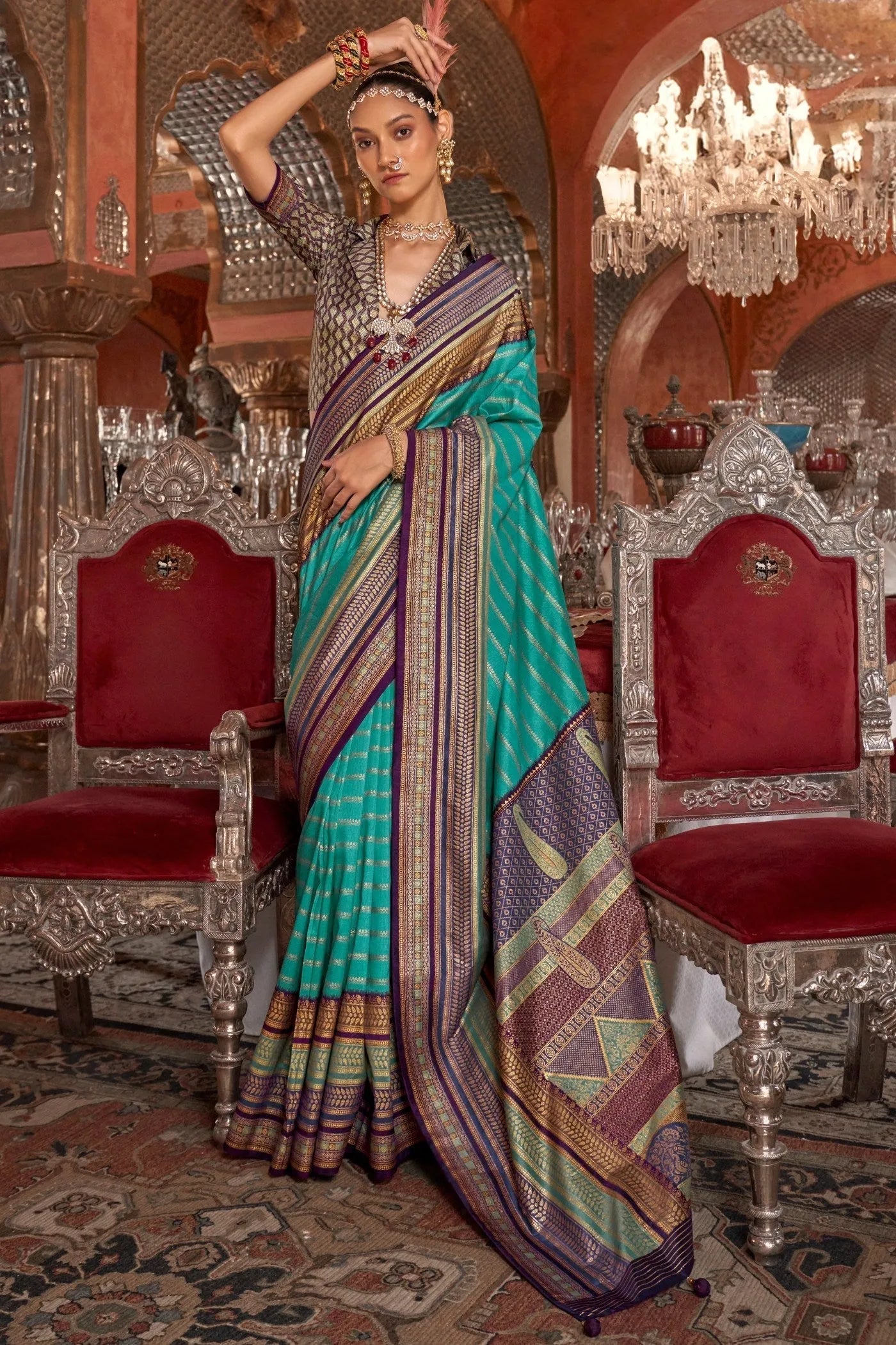 Astonishing Aqua Blue Kanjivaram and Patola Printed Silk Saree Free Shipping Shop