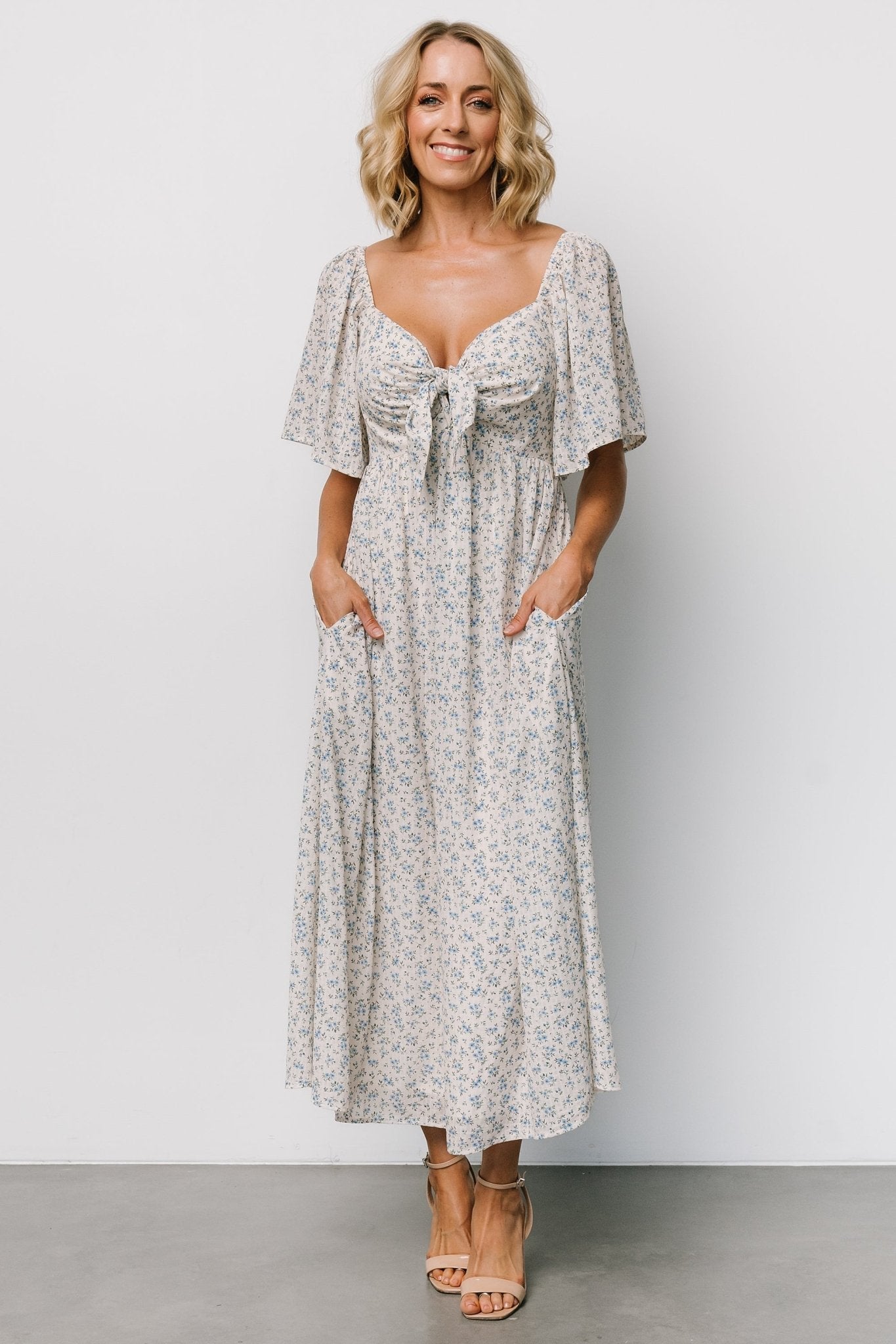 Carah Tie Dress | Off White + Blue Floral Free Shipping Geniue Stockist