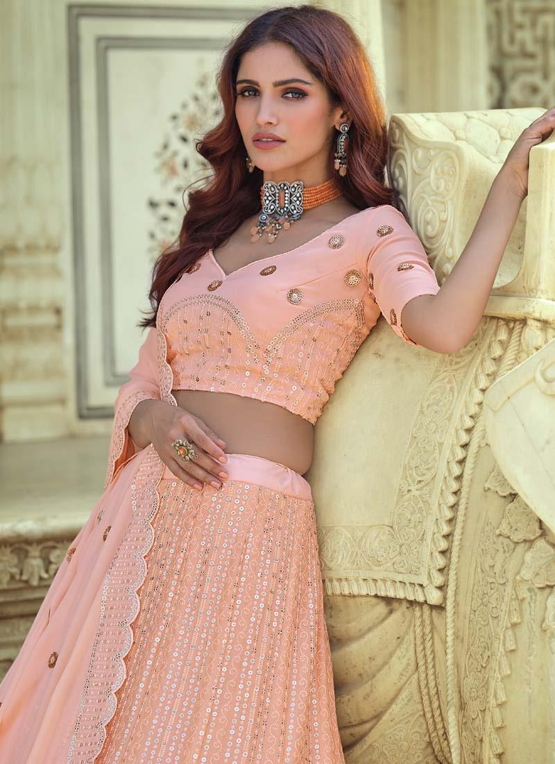 Elegant Georgette Fabric Peach Color Sequins Work Lehenga Choli Pay With Paypal For Sale