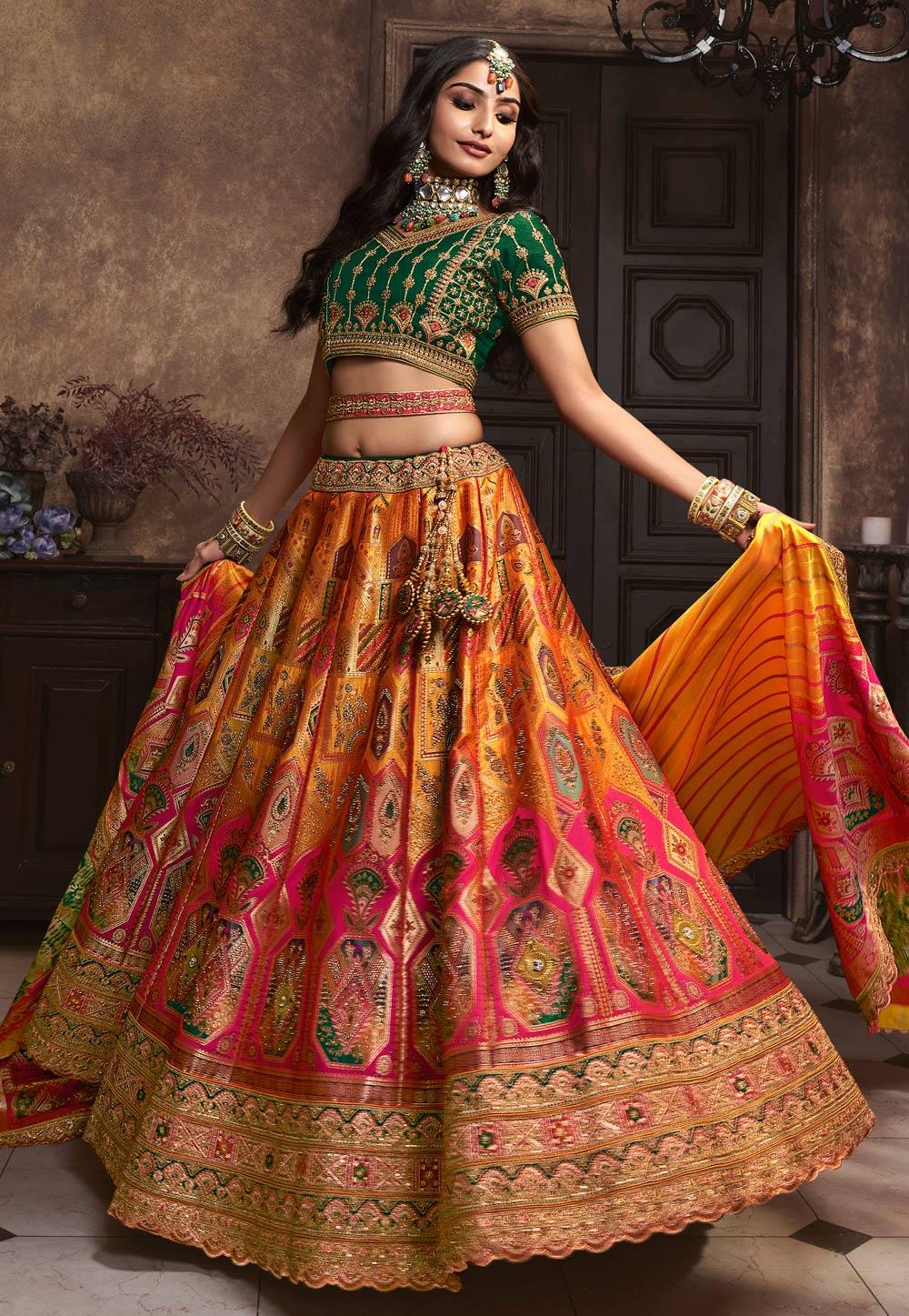 Orange Banarasi Silk Wedding Lehenga Choli Set Get Authentic Sale Online