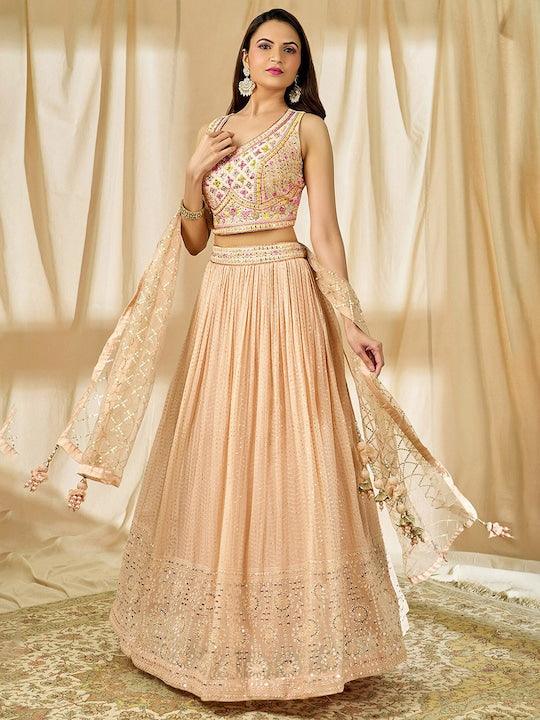 Peach Georgette Sequins Work Pleated Lehenga choli Low Cost Online