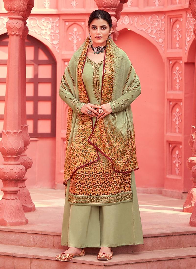 Pista Green Color Crepe Fabric Printed Palazzo Suit With Chiffon Dupatta Pick A Best For Sale