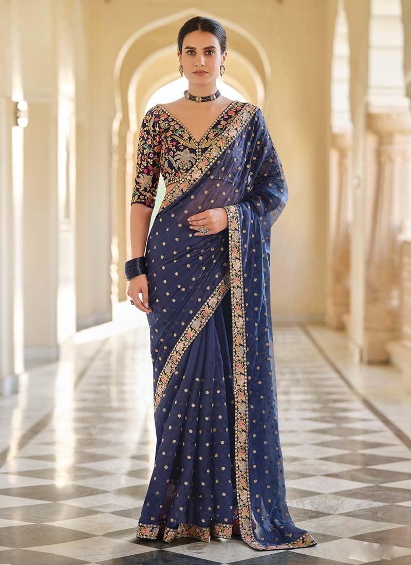 Trendy Prussian Blue Color Organza Base Embroidered Saree Free Shipping Online