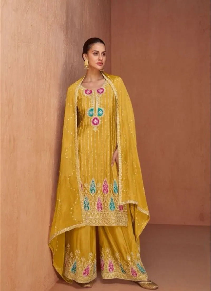 Stunning Heavy Embroidered Chinon palazzo suit in Yellow Free Shipping 2025 New