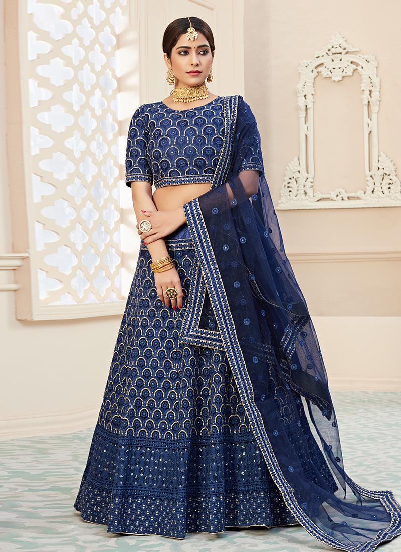 Heavy Sequins Floral Work Navy Blue Lehenga Outlet Cheap Pices