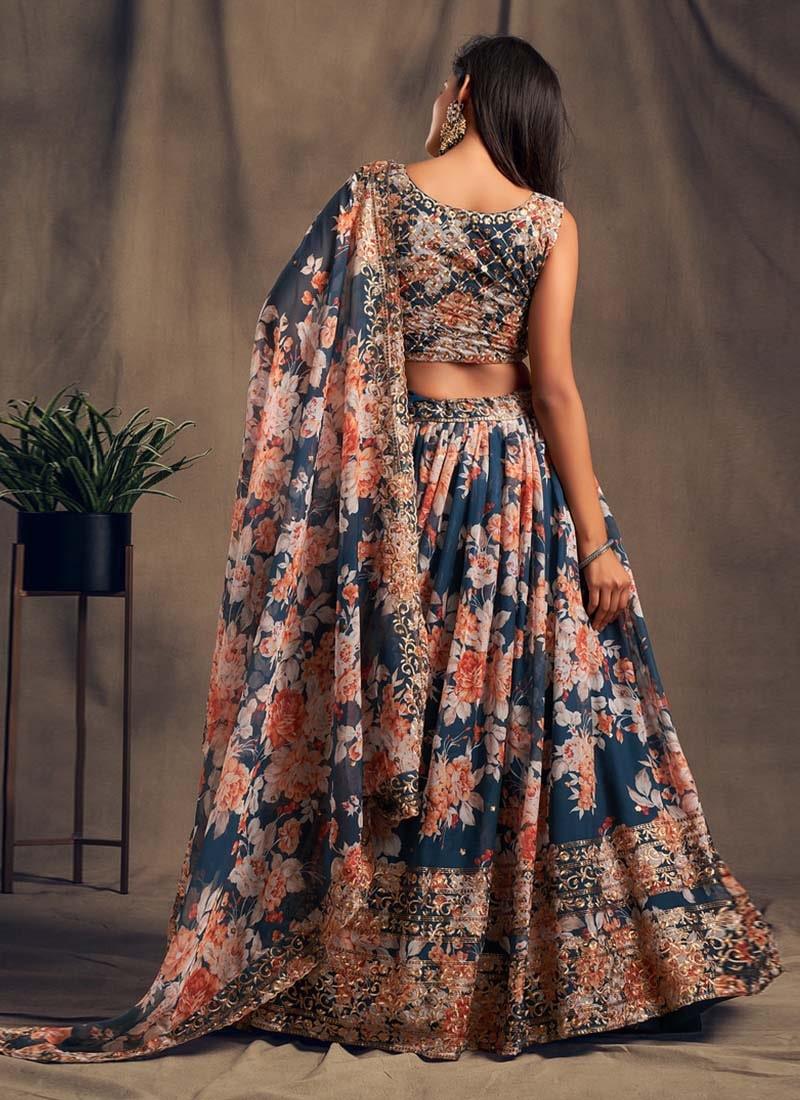 Adorable Navy Blue Color Organza Base Sequins Work Printed Lehenga Release Dates