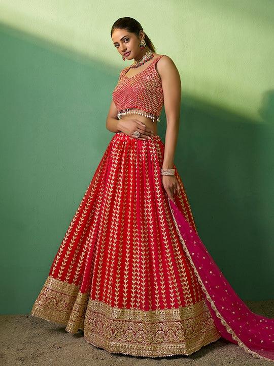 Red Georgette Sequinned and Embroidered Lehenga choli Free Shipping With Mastercard