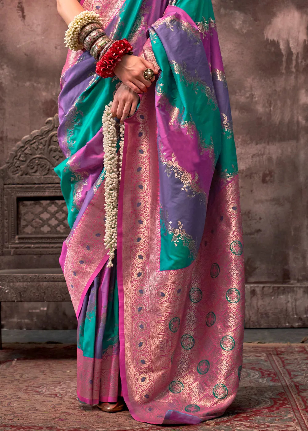 Glorious Purple-Green Rangkaat Handloom Silk Saree Cheap Sale Pick A Best